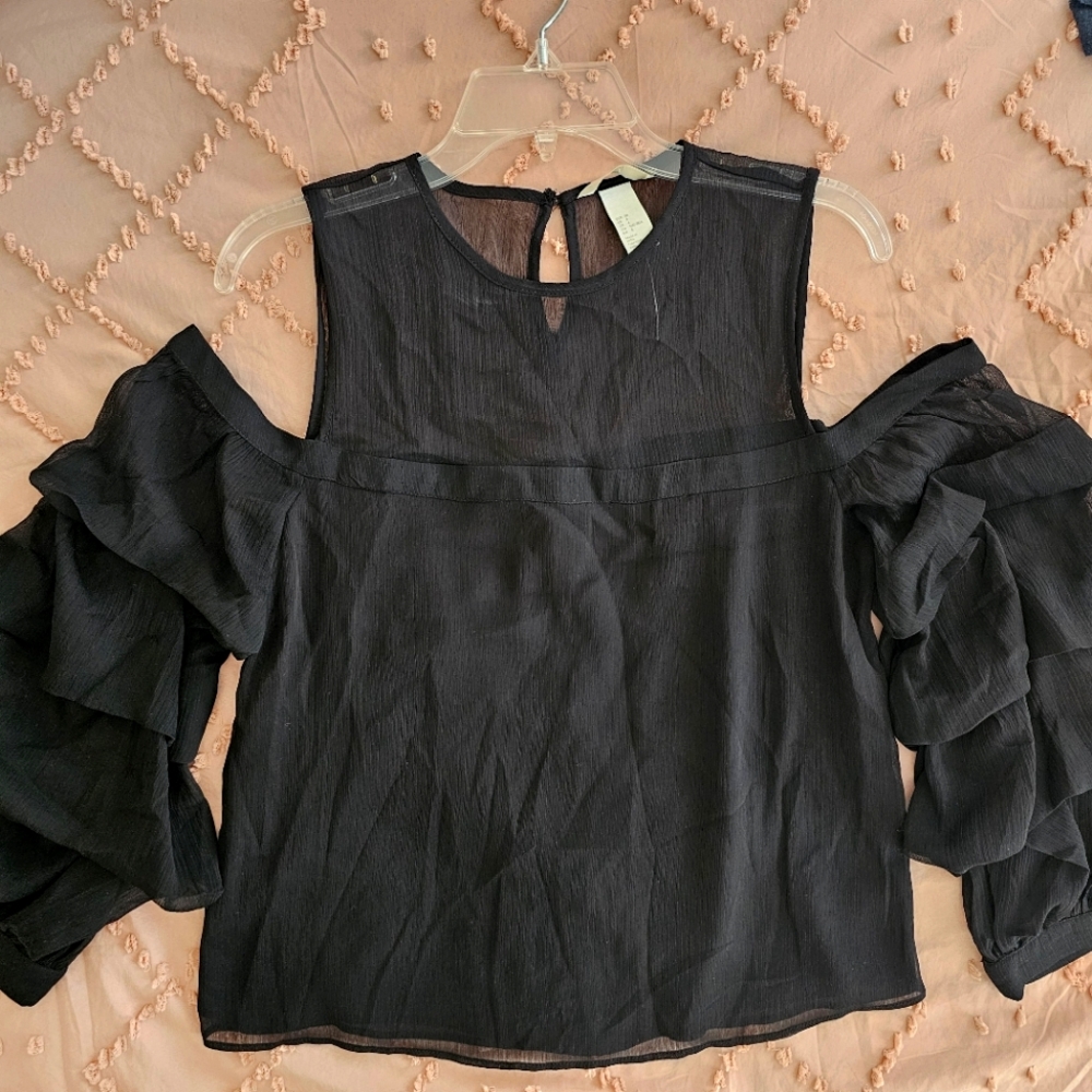 H&M Black Blouse with Cold Shoulders and Sheer Sleeves size 4